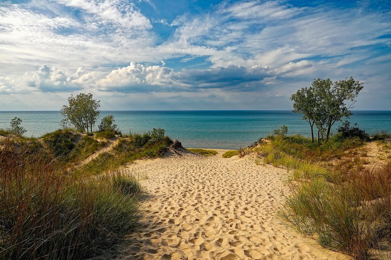 Serene beach at Indiana Dunes State Park along Lake Michigan shoreline