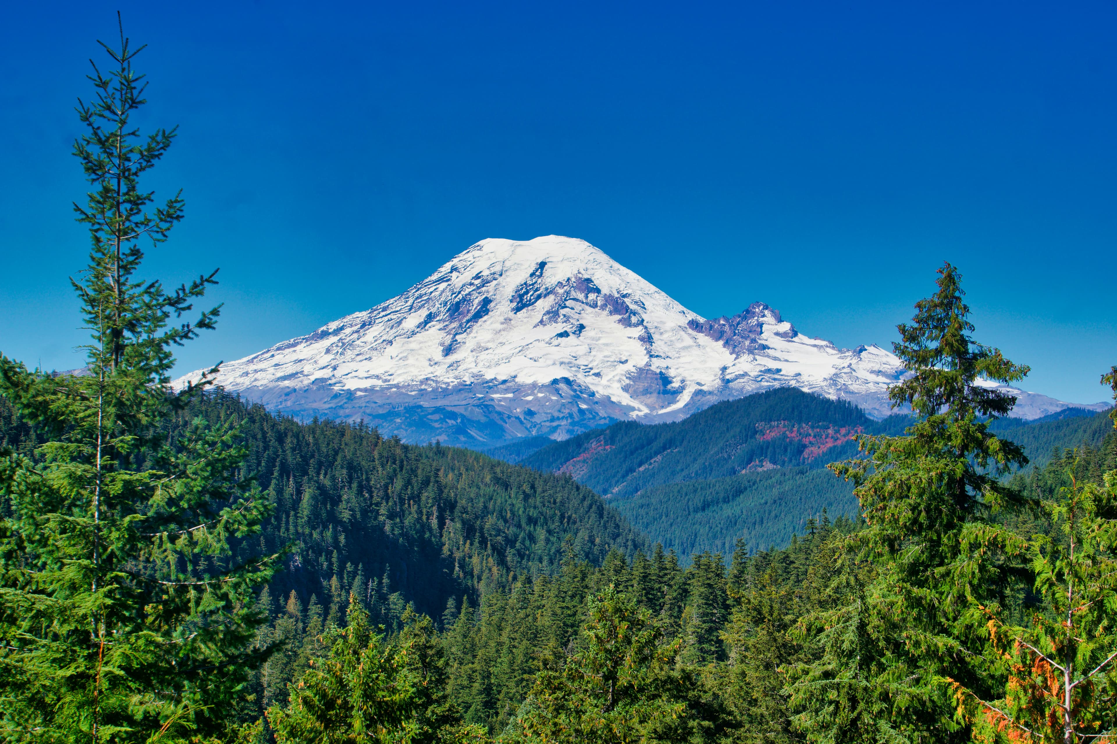 Breathtaking sunset over Mount Rainier in Washington wilderness