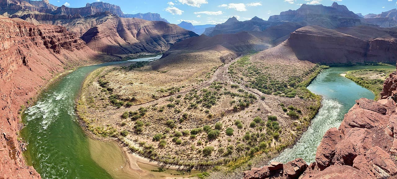 Scenic Colorado River flowing through Unkar Delta in Grand Canyon Arizona