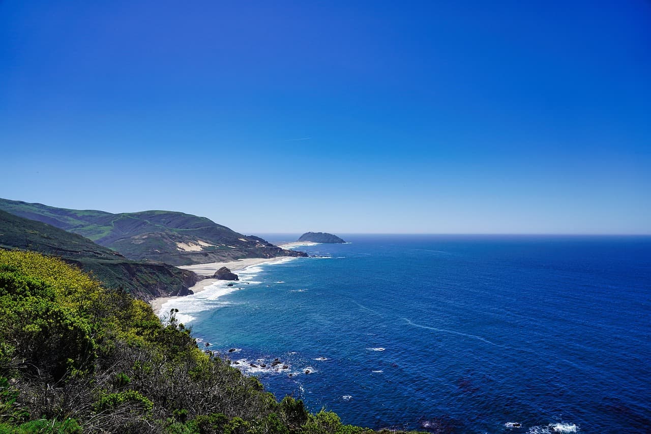 Big Sur coastline in California with blue sky and ocean waves crashing on rocks