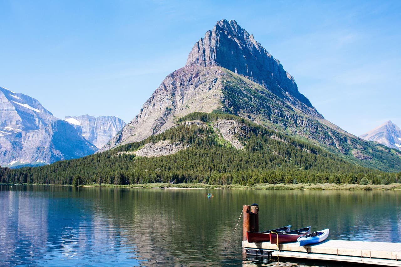 Panoramic view of Swiftcurrent Lake and surrounding mountains in Glacier National Park, Montana