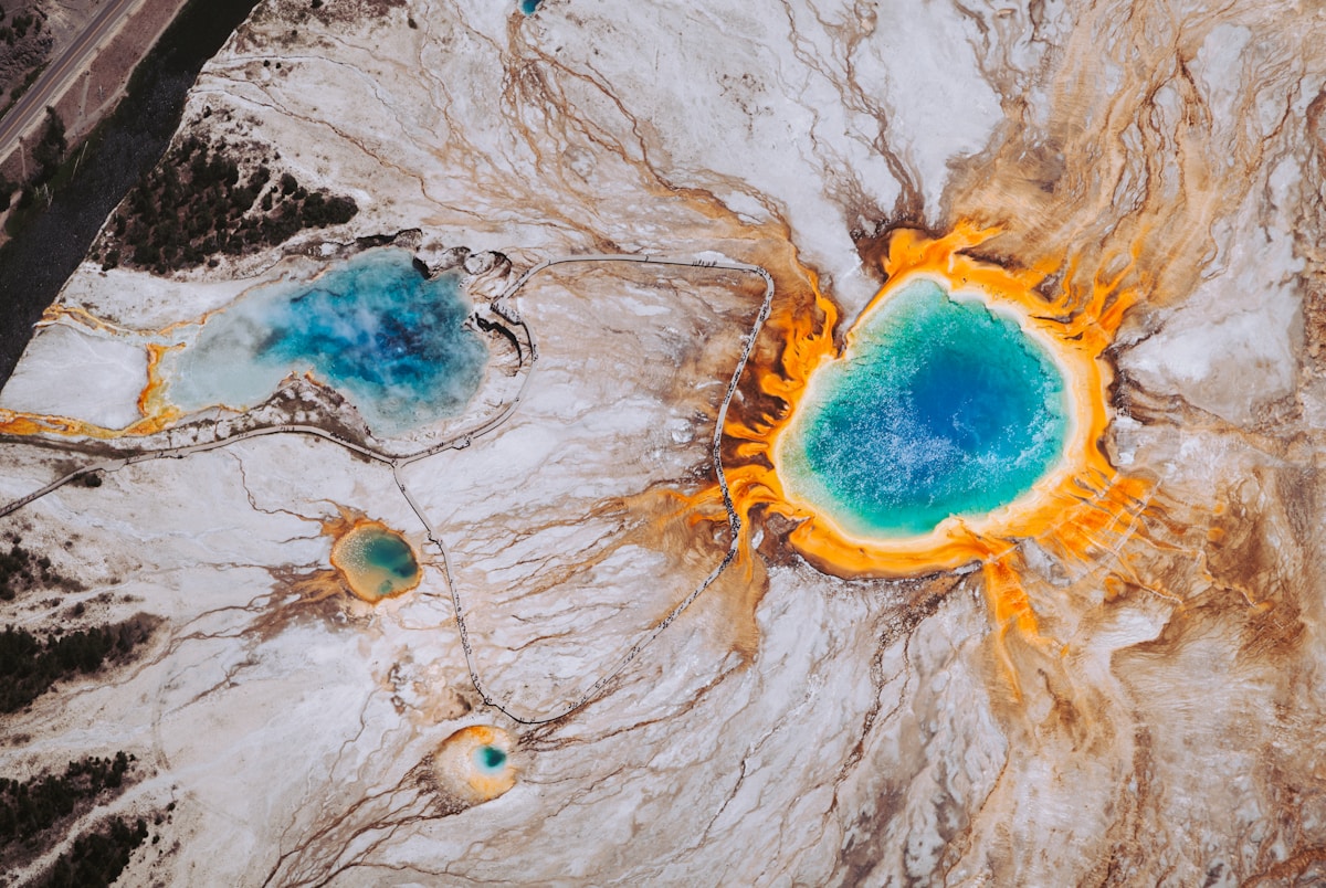 Aerial view of Grand Prismatic Spring in Yellowstone